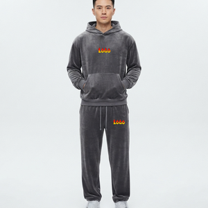 Men's Gray Hooded <b>Tracksuit</b> Set Full Length Sweatpants With Drawstring Casual Winter Wear Solid Color Breathable <b>Velour</b> Fabric - Product Image 1