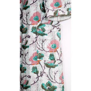 Vintage Cotton Kantha Kimono Robe Handmade Block Print Floral Design V-Neck Drawstring Closure Breathable Eco-Friendly Summer - Product Image 3