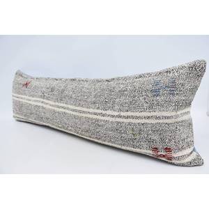 Almohada de lana Kantha bordada gris vintage, técnica tejida con patrón de rayas sutiles de 16x48 pulgadas - Product Image 4