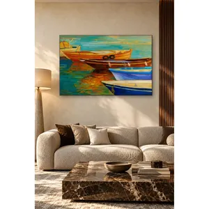 Impression sur toile de bateaux colorés dans une eau turquoise, style peinture à l'huile Fida - Product Image 4