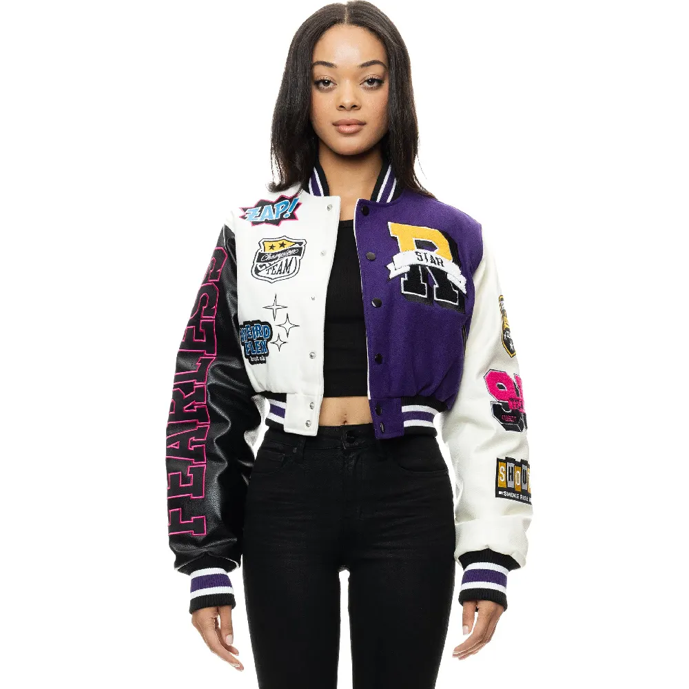 Hoge Kwaliteit Custom Wol Body Lederen Mouwen Brievenman Jas Met Chenille Borduurwerk Vrouwen Crop Varsity Jassen