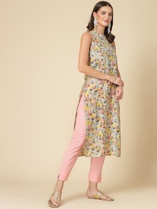 Kurta sin mangas con cuello redondo y estampado floral para mujer, de poliéster, corte recto, largo hasta la rodilla, estilo casual y elegante, la más vendida. - Product Image 5