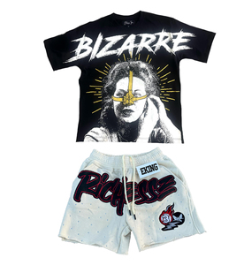 Venta al por mayor personalizado Premium peso pesado de punto de algodón gráfico camiseta pantalones cortos de gran tamaño hombro caído diseño sin dobladillo recortado Vintage - Product Image 4