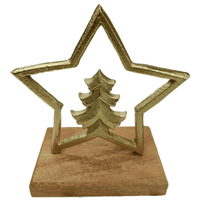 Étoile de Noël contemporaine en métal et sculpture d'arbre de Noël Ornement de table esthétique moderne Base en bois pour la décoration de la chambre - Product Image 1