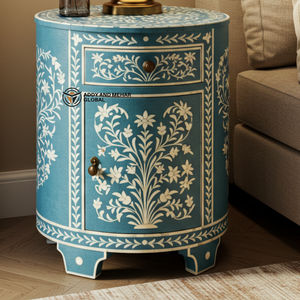 Mesita de noche hecha a mano con incrustaciones de hueso azul, diseño de vid floral, mesita de noche con cajón y gabinete - Product Image 2