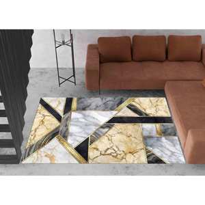 Tapis abstrait en marbre doré : gris et jaune, décoration moderne pour la maison, tapis imprimé, tapis en chenille - Product Image 2