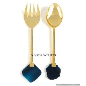 Juego de cubiertos de cuchara y gente de Metal de calidad Superior con aspecto brillante chapado en oro de alta calidad con asas de diseño único de mármol de Color azul - Product Image 1