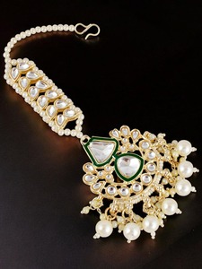 Gold Plated Kundan <b>Pearl</b> Bridal <b>Necklace</b> <b>Set</b> with Green Enamel Earrings Maang Tikka Indian Wedding Jewellery - Product Image 4