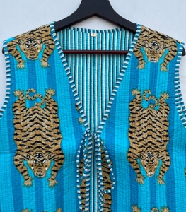 Handmade Cotton Reversible Hip Hop Puffer Waistcoat <b>Women</b> Breathable Leopard Printed V-Neck Front Open Jacket Sustainable Stripe - Product Image 3