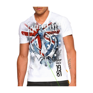 เสื้อยืดผู้ชายผ้าฝ้าย100% ลำลองผ้าถัก220กรัมแบบปกติพอดีตัวแขนสั้นลายทางย้อมสีล้วนป้องกันการเกิดขนแห้งเร็ว - Product Image 1