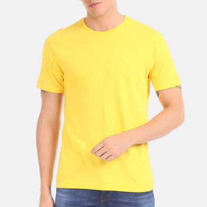 Colección de verano 2024, Camiseta de algodón pesado para hombre, Color amarillo sólido, Simple cuello redondo, elástico, ajustado, estilo de cuello redondo - Product Image 1