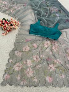 Increíble colección de Sari de seda de organza impresa digitalmente con secuencia y bordes cortados para estilo de bodas - Product Image 4