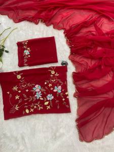 พรีเมี่ยมผ้าจอร์เจียประดับด้วยงานมือที่สวยงามพร้อมคอลเลกชั่นส่าหรีชายแดนสำหรับผู้หญิง - Product Image 4