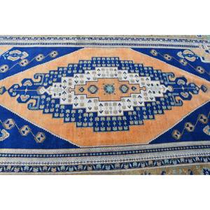 พรมขนแกะแฮนด์เมดสีน้ำเงินส้มคลาสสิกพรมกองขนาดกลางเป็นมิตรต่อสิ่งแวดล้อมขนาดกลาง5.8 X 11.1ft สี่เหลี่ยมผืนผ้าลายทางผ้าปะต่อผ้า - Product Image 5