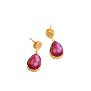 Bohemian Style Faceted Custom Ruby Quartz Hanging Post Earrings Gold Plated Bezel Set Drop Dangle Earring Gifts Unisex Jewellery