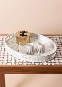 ถาดทรงรีทำด้วยมือพร้อมถาดฝังไม้ถูพื้นสีขาวสวยงามสำหรับชุดน้ำชาแกนกลางหรือใช้ตกแต่งบ้าน - Product Image 5