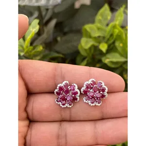 925 <b>Silver</b> Natural Ruby Floral <b>Stud</b> Earrings Elegant Flower Pattern for Weddings - Product Image 1