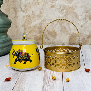 Iron Printed Pichwai Design Dry Fruit <b>Jar</b> with Decorative Basket Set Metal Food <b>Storage</b> & Wedding Gifting for Kitchen Use - Product Image 2