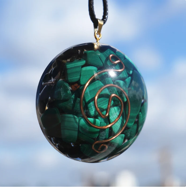 Malachite Orgonite Pendant Natural Crystal Stone EMF Protection Jewelry Necklace Pendant by ALIF CRYSTAL and AGATE