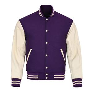 Chaqueta Varsity Morada para Hombre con Mangas Color Crema, Cuello Alto, Cierre de Botones, Estilo Preppy, para Otoño - Product Image 3