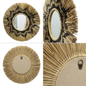Miroir mural en macramé naturel Mendong, noir, motif aztèque, franges, soleil, rond, suspendu, pour vanité, décoration artistique pure, artisanat, pour la décoration de chambre - Product Image 2