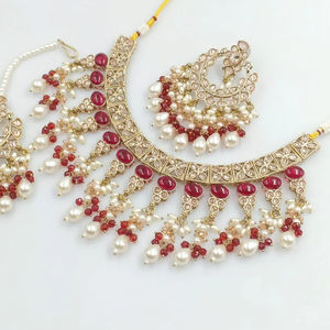 ÚLTIMO ANTIGUO MOTIPEARL & DROP COLLAR GARGANTILLA CHAPADO EN ORO A LA MODA CON CONJUNTO DE PENDIENTES MANGTIKKA Y CONJUNTO DE JOYERÍA MUJER - Product Image 1