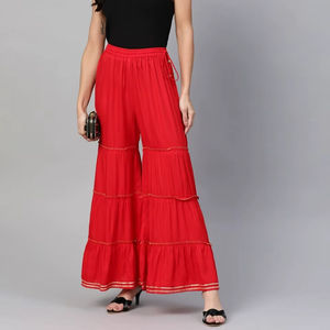 Flowy Womens <b>Red</b> Rayon Sharara Pants Soft Fabric <b>Flared</b> Ethnic Bottom Wear Designed For Festive Daily Comfort And Styling - Product Image 1