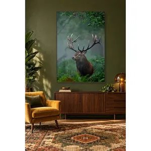 Impression sur toile verticale de cerf roux dans une forêt de fougères brumeuses - Product Image 1