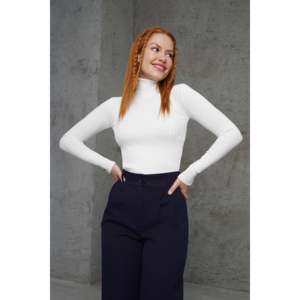 Suéter de Punto con Cuello Alto y Canalé Blanco para Mujer, Marca Lustrin, Mezcla de Poliéster y Elastano, Corte Estándar, Venta al Por Mayor - Product Image 3