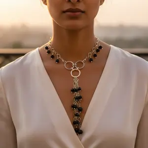 Collier lariat en argent pour femmes avec perle d'eau douce et diamant, bijoux tendance en perles noires plaqué or pour les mariages - Product Image 1