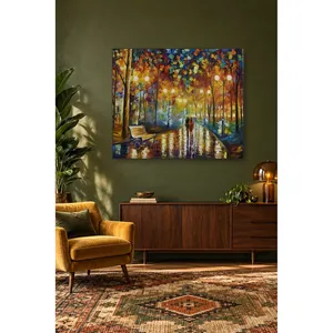 Impression sur toile du soir : Couple Fida se promenant sous un parapluie dans un parc pluvieux - Product Image 4