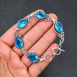 Piedra preciosa de Topacio Azul creada en laboratorio 10X14 MM pera hecha a mano 925 pulsera plateada 7-8 pulgadas joyería de diseñador - Product Image 5