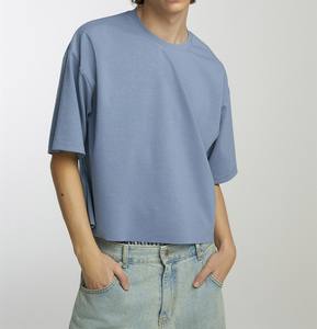 T-shirt à manches courtes en tricot lourd uni personnalisé, surdimensionné, épaules tombantes, vintage, homme, 100% coton, lavage à l'acide - Product Image 1