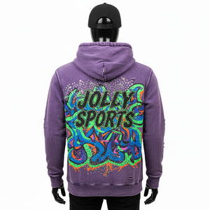 Premium cotton fleece hoodie in purple wash with distressed detailing vibrant screen print graphic and custom logo Basics Hoodie - Product Image 4