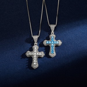 925 Sterling <b>Silver</b> Rhodium Plated Blue & White Moissanite Iced Out <b>Cross</b> Pendant Hip Hop Religious GRA Certified <b>Necklace</b> <b>Men</b> - Product Image 4