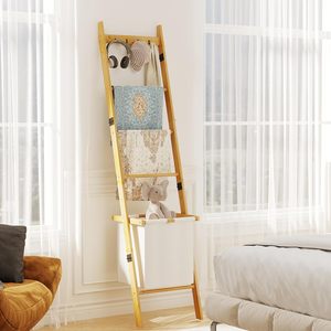 Étagère échelle en bambou style minimaliste, décoration rustique pour la maison, support en bois pour couvertures et serviettes, pour l'organisation des couettes domestiques - Product Image 5