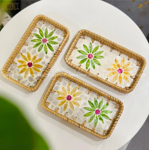 Plateau en rotin tissé à la main avec incrustation de nacre pour la décoration de table à la maison - Product Image 6