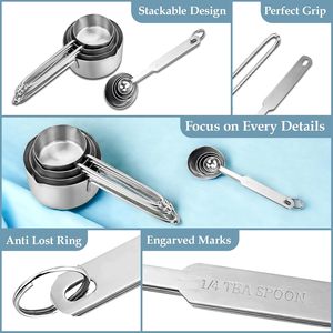 ชุดถ้วยตวงและช้อนสแตนเลส8ชิ้นสำหรับอุปกรณ์ครัวแบบแห้งหรือแบบเหลวสำหรับทำอาหารและอบเค้ก - Product Image 3