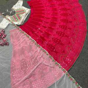 Magnifique ensemble Lehenga-Choli en satin de soie malais, robe prête à l'emploi brodée Lehenga Choli de créateur indien - Product Image 4