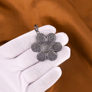 Colgante de Flor para Mujer, Plata de Ley 925, Bañado en Rodio Negro, Pavé de Diamantes Naturales, Estilo Vintage, Tamaño 25MM - Product Image 2