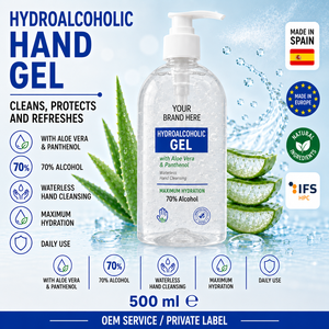Gel désinfectant pour les mains hydroalcoolique à l'aloe vera en marque privée avec distributeur 500ml OEM |   Désinfectant pour les mains instantané sans rinçage |   Espagne UE - Product Image 1