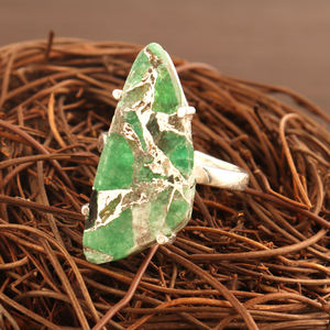 Magnifique bague mohave en cuivre vert turquoise, bague fantaisie en laiton plaqué argent, ensemble de broches, bague ouverte réglable, bijoux - Product Image 2