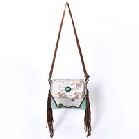 Sac bandoulière en cuir véritable à franges, style bohème, fait main, vintage, avec pierre turquoise, sangle unique, pour femme, hiver
