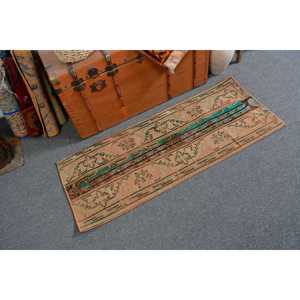 1.7x4.4 ft Vintage Rug, Turkish Small Rug, <b>Brown</b> Patchwork <b>Wool</b> Rug - Product Image 1