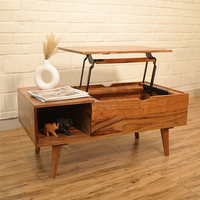 Table basse moderne en acacia, faite à la main, durable, avec plateau relevable et réglable, étagère ouverte, rangement dissimulé, convertible en bureau/table centrale pour salon