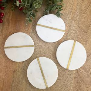 White Marble Coasters with <b>Metal</b> Inlay Handmade Stone Coaster Set of 4 - Product Image 3