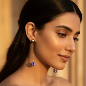 Boucles d'oreilles pendantes en argent 925 pour femme avec pierre naturelle violette ronde taille brillant sertie griffe, bijou romantique et tendance, cadeau idéal - Product Image 2