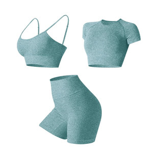 Conjunto de ropa deportiva de gimnasio de 3 piezas Premium, pantalones cortos de cintura alta, sujetador de apoyo y Top corto para mujer, Fitness, Yoga y entrenamientos - Product Image 1