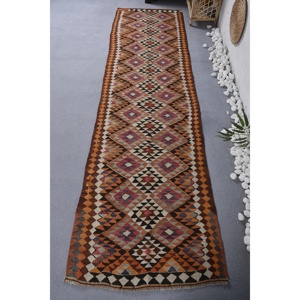 2.6x9.4 ft <b>Rug</b>, <b>Runner</b> Vintage <b>Rug</b>, Brown Kilim Abstract <b>Rug</b> - Product Image 1