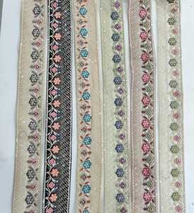 Custom Made Stone Work Embroidered Laces in Eight Colours in Floral Designs for Garments and Dresses in 2 Inch Width. - Product Image 5